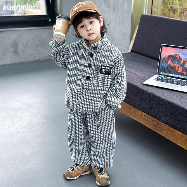 Boys' Houndstooth Suit Spring Outfit 2026 New Korean Style Cool Children's Clothing for Boys Spring and Autumn Two-Piece Trendy Set