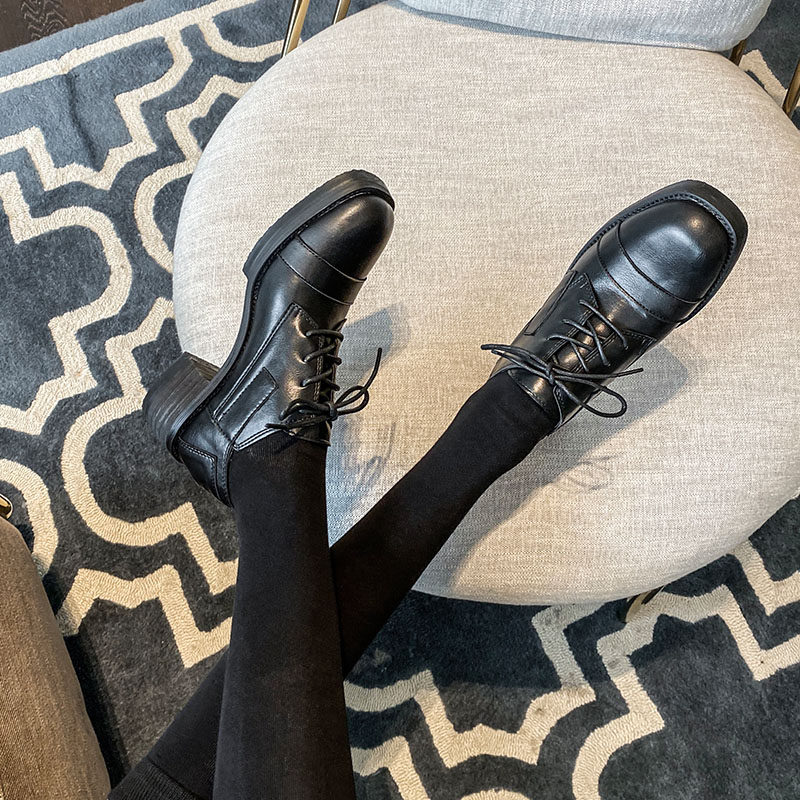 Super A Injured Single Shoe Square Head Coarse Heel Heightened 5 cm Single Shoe Girls Inn College Wind Leather Shoes