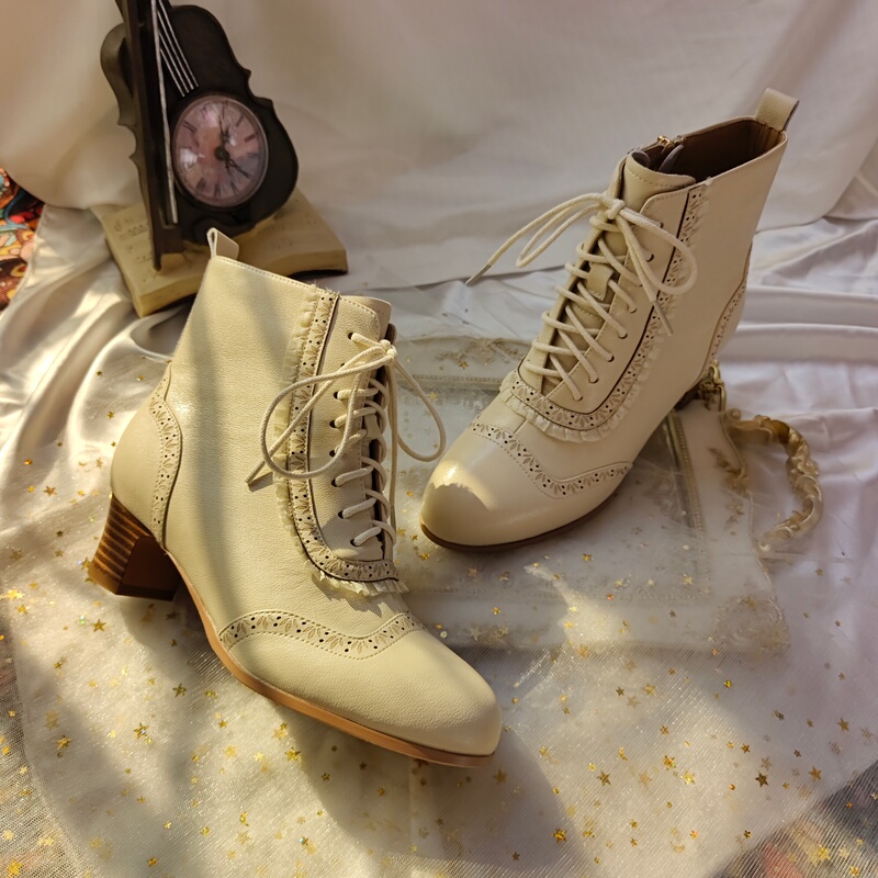 In Stock, Genuine Leather, Medium Thick Heel, Elegant Printed Heel, Lace-Up Zipper, Elegant Retro Winter Style