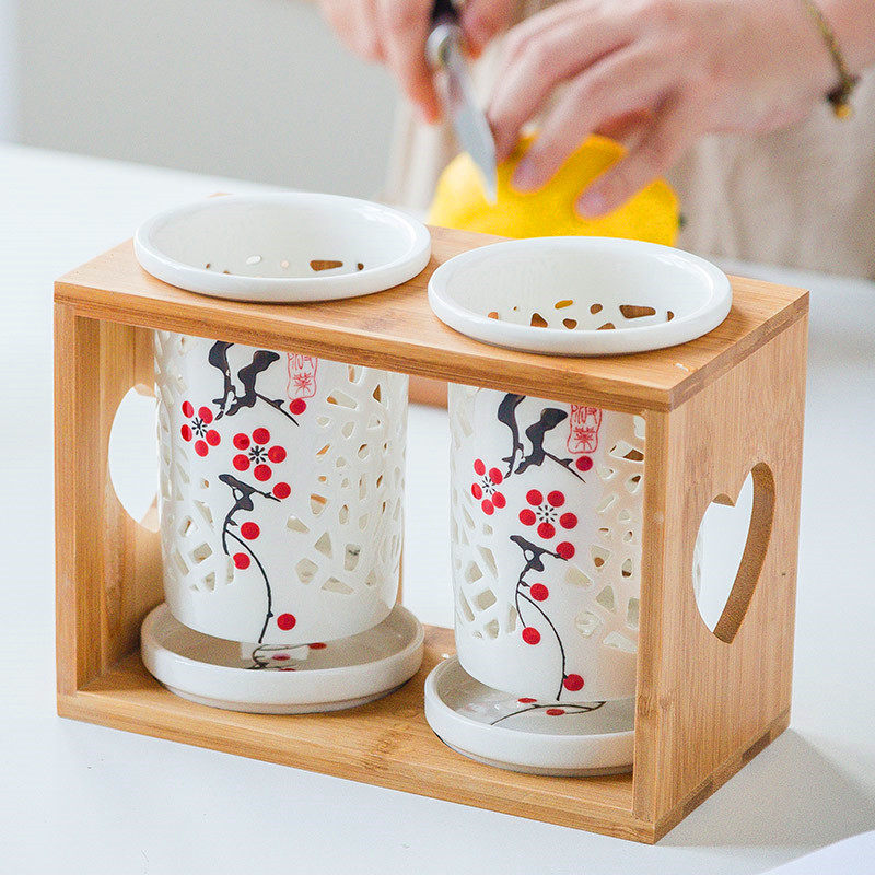 Kitchen household chopsticks tube ceramic chopsticks tube draining double-barrel storage box chopsticks rack chopsticks cage chopsticks box