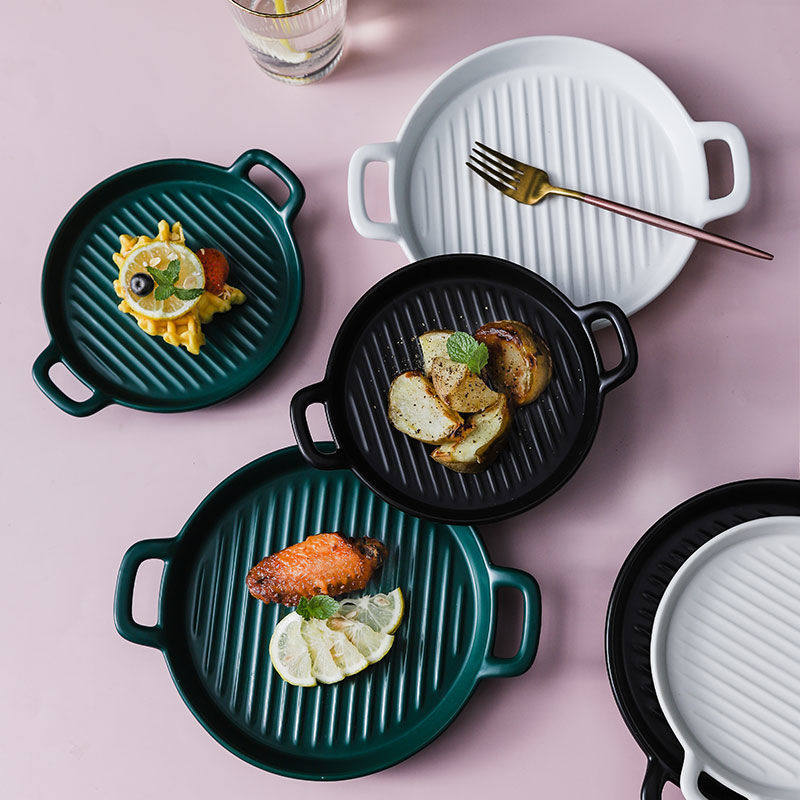 Creative ceramic binaural round baking plate Nordic style tableware steak baked rice baking plate household net red tableware