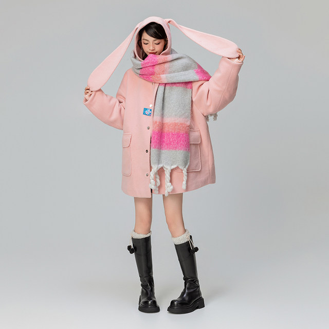 KEIKO [Padding] ຫູກະຕ່າຍ Hooded Woolen Jacket ລະດູຫນາວ Girly Rose Pink Cape Coat