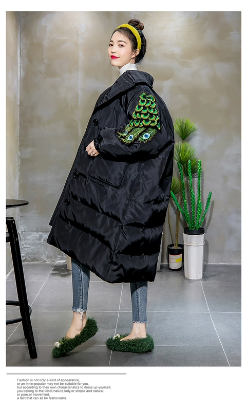Áo dài A-line cotton nguyên bản 2018 mùa đông thêu con công màu đen Hàn Quốc áo choàng lông bông di động