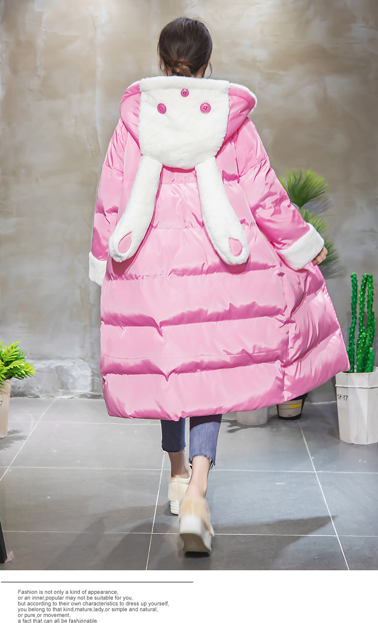Áo khoác dài quá gối nữ nguyên bản 2018 mùa đông mới tai thỏ trùm đầu quần áo cotton màu hồng Một chiếc áo khoác búp bê chữ phiên bản Hàn Quốc áo phao nữ dáng dài siêu nhẹ