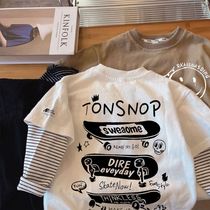 Nouveaux produits de printemps ~ T-shirt en pur coton pour garçons et filles faux deux pièces à manches longues vêtements dautomne pour enfants hauts pour bébés parents-enfants