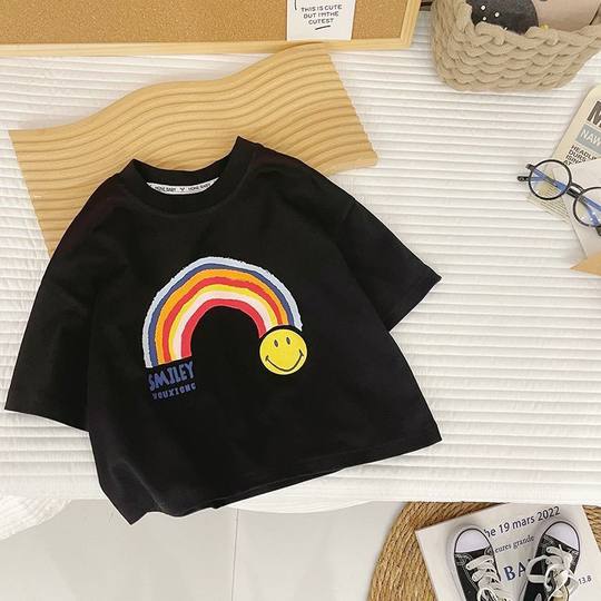Boys and girls summer suits 2024 new summer clothes baby fashionable versatile tops rainbow striped cropped pants two-piece set