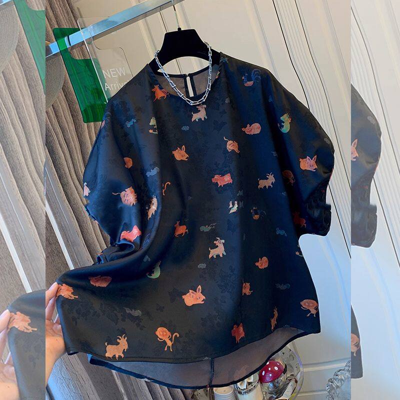 新中式别致独特印花半开领大码衬衫女宽松短袖显瘦气质高级上衣