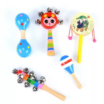 Wooden baby toy set Hand-cranked wooden rattle dumbbell sand hammer Colorful bells Baby early education toys