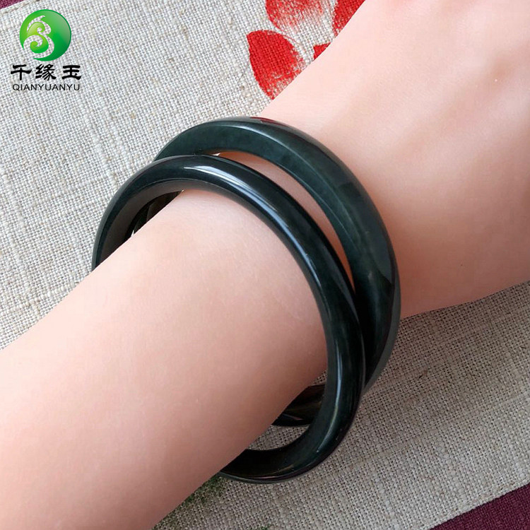 Hetian jade thin strip bracelet square bracelet round strip jade bracelet Qinghai material small green strip Hetian Qingyu bracelet jingle bracelet