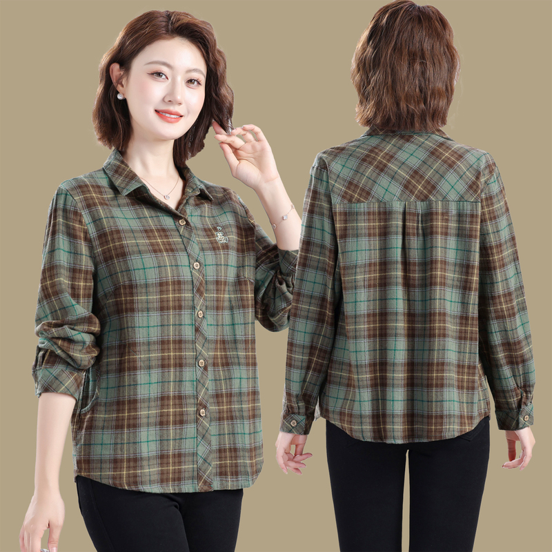 Mother's Clothing Pure Cotton Long-Sleeved Shirt Spring and Autumn New Style Casual Plaid Top Middle-Aged and Elderly Women's Cotton Shirt Mother's Clothing Pure Cotton Long-Sleeved Shirt Spring and Autumn New Style Casual Plaid Top Middle-Aged and Elderly Women's Cotton Shirt