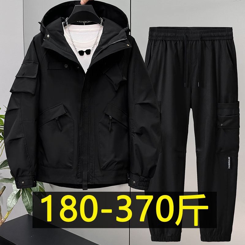 Extra Large Size Sports Suit for Men, Functional Style Hooded Jacket, Plus-Size Biker Jacket, Long Pants Two-Piece Set