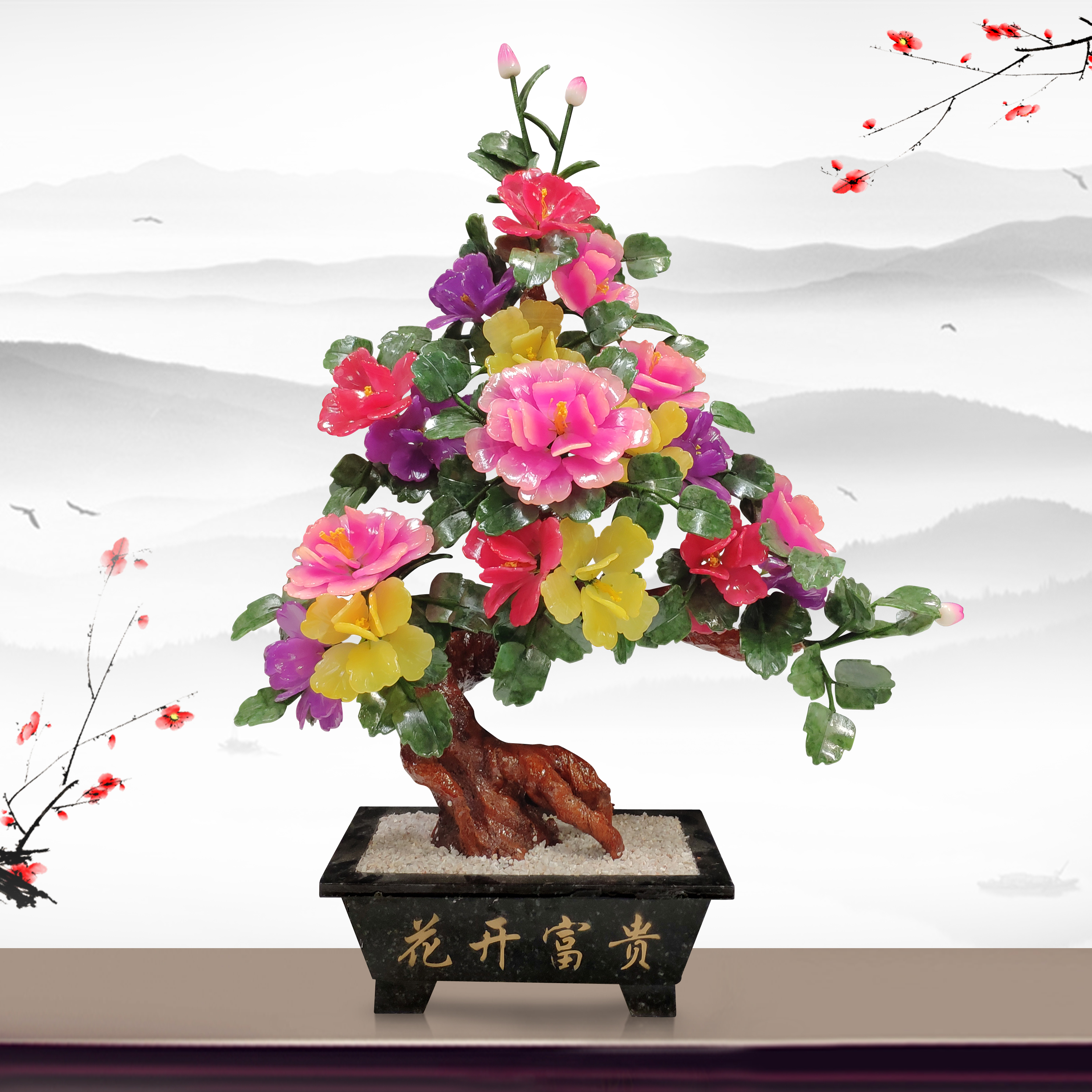 Natural jade New Chinese style creative jade craft gift decoration flower decoration Living room tea table Ancient jade carving bonsai flower decoration