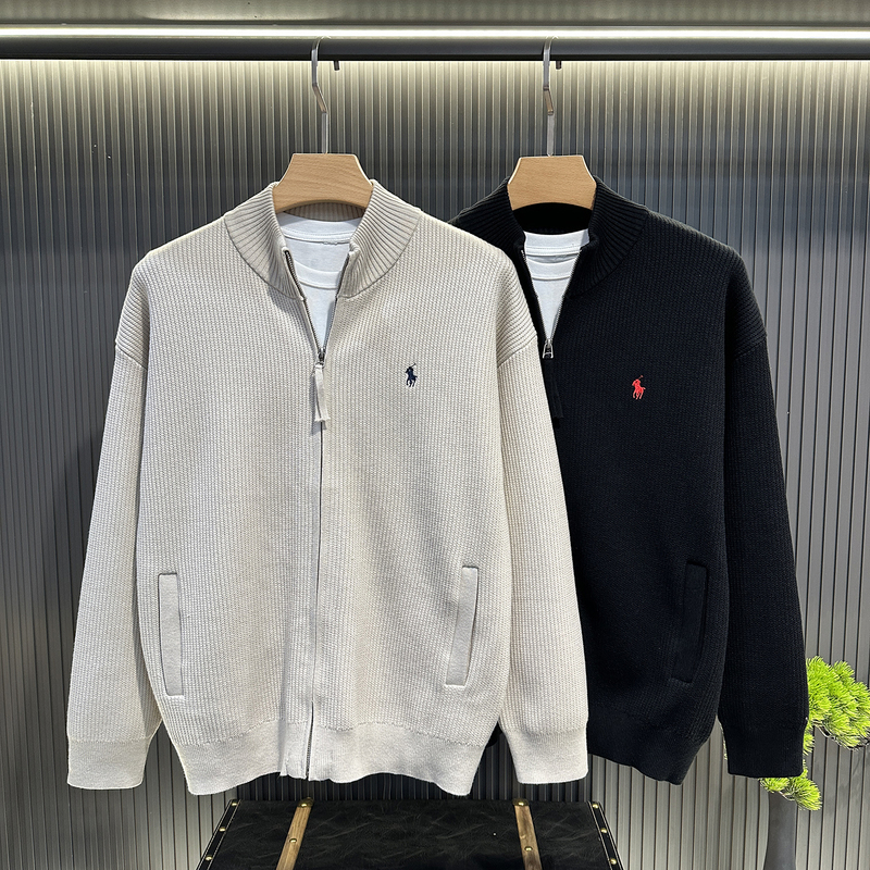 Lyocell Blend Ribbed Knit Sweater for Men, Autumn and Winter High-End Old Money Style Versatile Embroidered Stand Collar Jacket