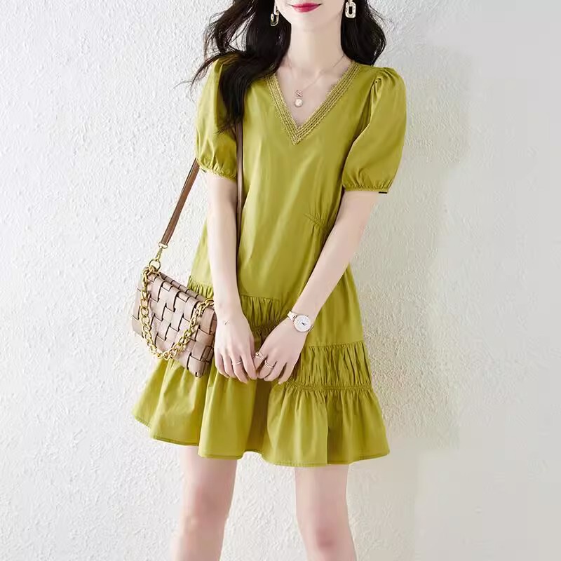 European Style 2026 Summer Korean Version New Loose Slimming Simple Tea Break Style Chic V-Neck Casual Dress