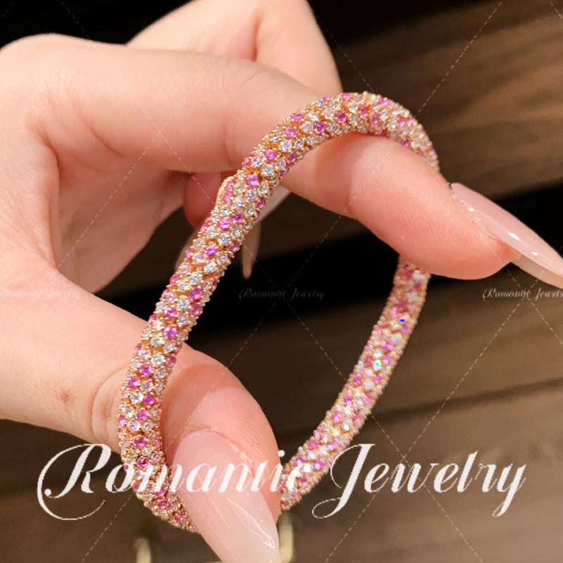 [Zhu Zhu-Romanticvibe] Ningxiang Qimeng | Dense Pink Diamond Ingot Buckle S925 Jewelry Silver Bracelet