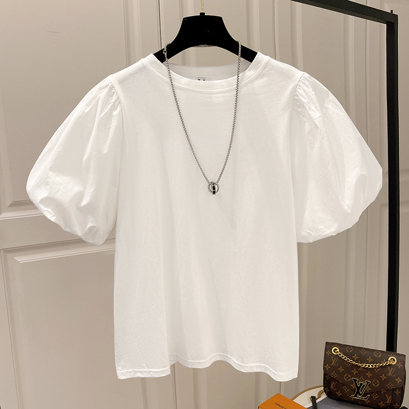 Short-Sleeve T-Shirt for Women, Summer High-Waisted White Puff Sleeve Lantern Sleeve French Chic Unique Regular Shoulder Niche Top Short-Sleeve T-Shirt for Women, Summer High-Waisted White Puff Sleeve Lantern Sleeve French Chic Unique Regular Shoulder Niche Top
