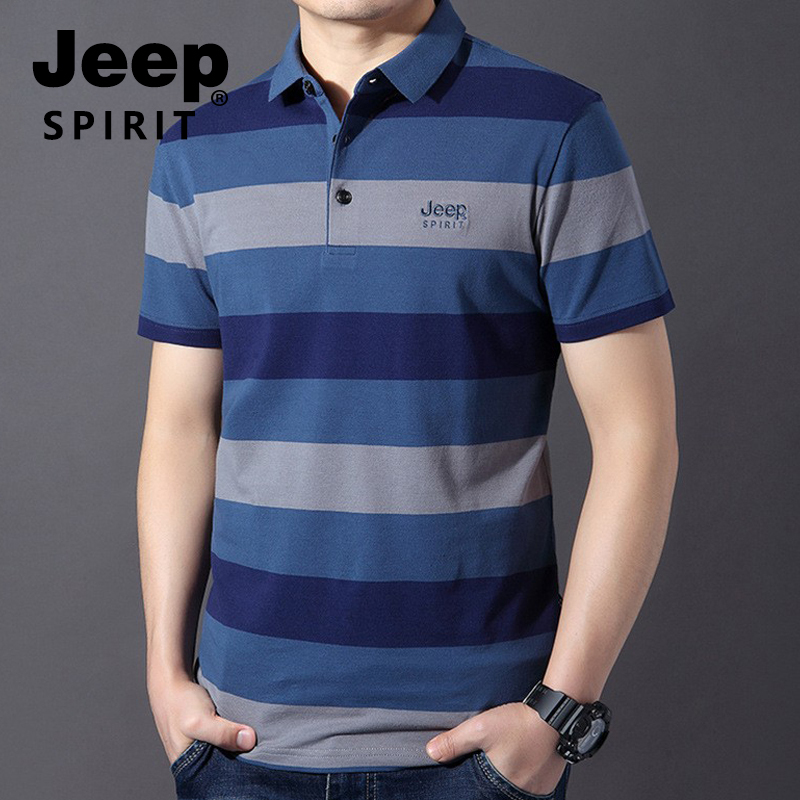 Jeep Jeep Lapel Short-Sleeved T-Shirt Men's Striped Polo Shirt Loose Casual Pure Cotton Large Size Summer Authentic Jeep Jeep Lapel Short-Sleeved T-Shirt Men's Striped Polo Shirt Loose Casual Pure Cotton Large Size Summer Authentic
