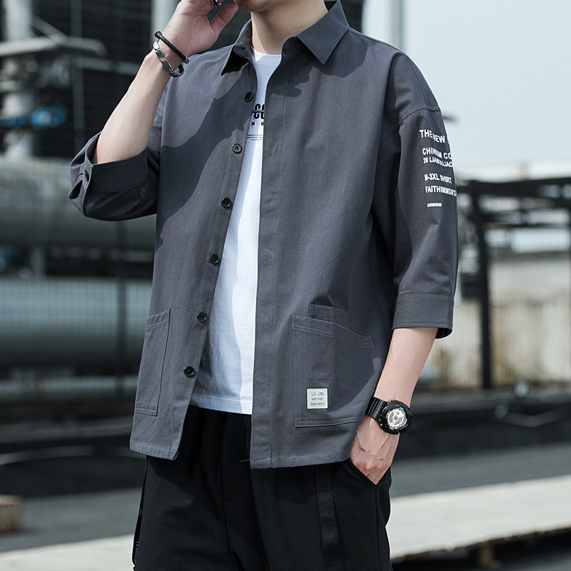 Men's Short-Sleeved Cotton Shirt for Summer, Thin Style, Youth Workwear, Office Top, Three-Quarter Sleeve Sun Protection Jacket