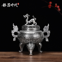  Longjiuzi big incense burner Zen sterling silver aromatherapy stove handmade foot silver 999 antique heyday incense burner household ornaments