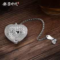Silver age handmade heart-shaped tea drain Sterling silver 999 cute creative tea maker Tea filter Portable small tea bubble