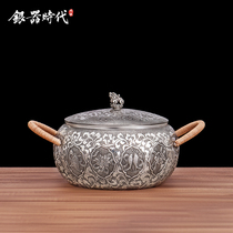 Silver Age Eight Treasures Silver Pot Sterling Silver 999 Soup Cooking Tea Household Sterling Silver Kitchenware Large with Cover Soup Pot
