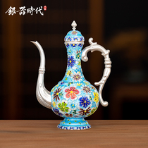 Silver age sterling silver 999 jug Cluster of flowers Qibao Yaki Japanese court style household gift liquor silver jug