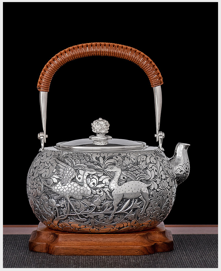 銀器時代銀壺純銀999燒水壺鶴鹿同春銀茶壺純手工大號煮茶水壺|茶壺