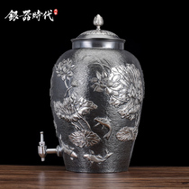  Silver age sterling silver water tank large-capacity health water storage tank Handmade relief engraving with faucet water purification bucket