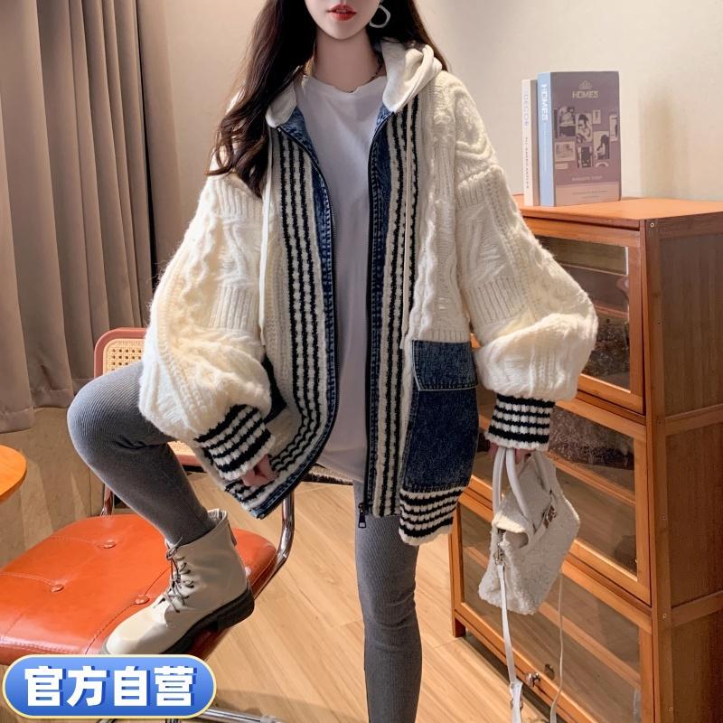 Autumn and Winter Denim Patchwork Knit Faux Two-Piece Cardigan Jacket for Women, Korean Style Retro Hooded Oversized Sweater, Thick Outerwear Autumn and Winter Denim Patchwork Knit Faux Two-Piece Cardigan Jacket for Women, Korean Style Retro Hooded Oversized Sweater, Thick Outerwear