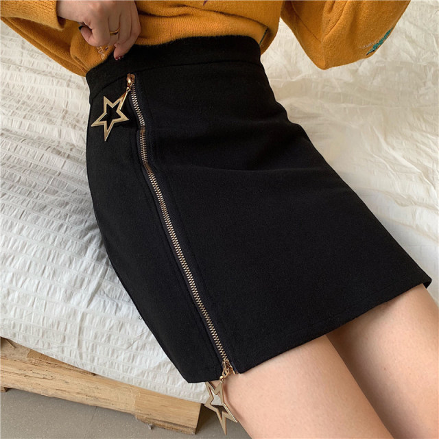 Plus size woolen skirt female autumn and winter age reduction and thin a-line package hip skirt design sense black split one-step skirt