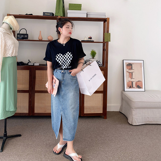 Fat mm summer slimming denim mid-length A-line skirt