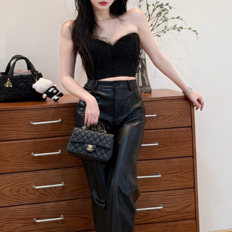 2025Aw High-End Quilted Pu Leather Straight-Leg Leather Pants for Women, Elegant High-Waisted Loose Wide-Leg Pants