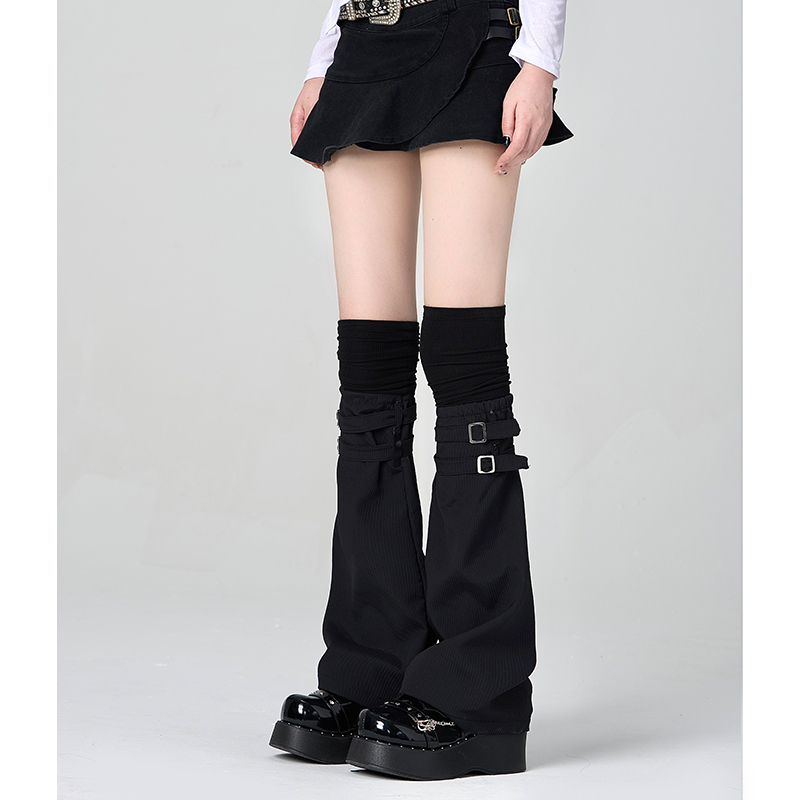 Black High-End Patchwork Faux Two-Piece Over-The-Knee Leg Warmers, Unique Stacked Thigh Socks, Subculture Leather Buckle Wide-Leg Sock Covers, Thin Black High-End Patchwork Faux Two-Piece Over-The-Knee Leg Warmers, Unique Stacked Thigh Socks, Subculture Leather Buckle Wide-Leg Sock Covers, Thin