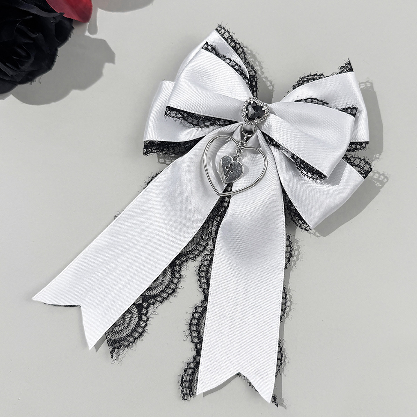New Rhinestone Heart Lace Bow Tie Women's Japanese Style Back of Head Clip Lolita Gothic Style Accessory