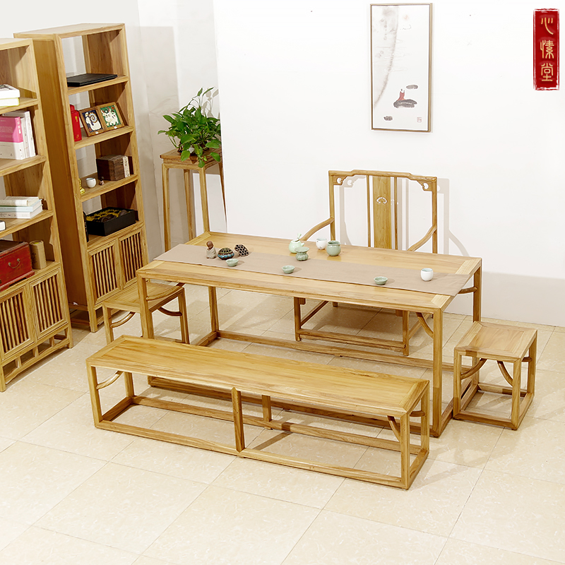 Solid wood book table and chairs Old Yyu wood Chinese mortise and tenon mat surface book room painting case table simple tea table Zen tea table and chairs combination