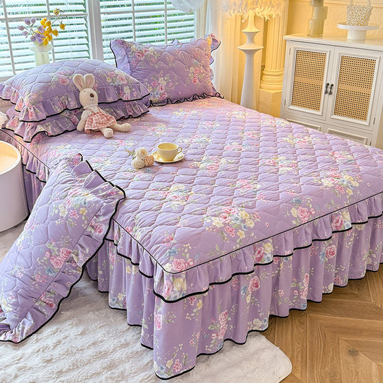 Cotton-Padded Bed Skirt 1.5m 1.8m Fitted Sheet 4 Pure Cotton Bed Cover Dustproof Mattress Cover All-Cotton Bed Cover Non-Slip Single Piece