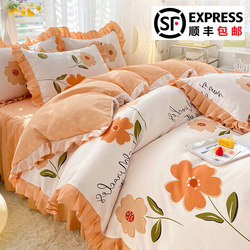 Korean-Style Princess Bed Skirt Four-Piece Set 100% Pure Cotton Bed Sheet Duvet Cover Four-Season Bedding Three-Piece Set 4