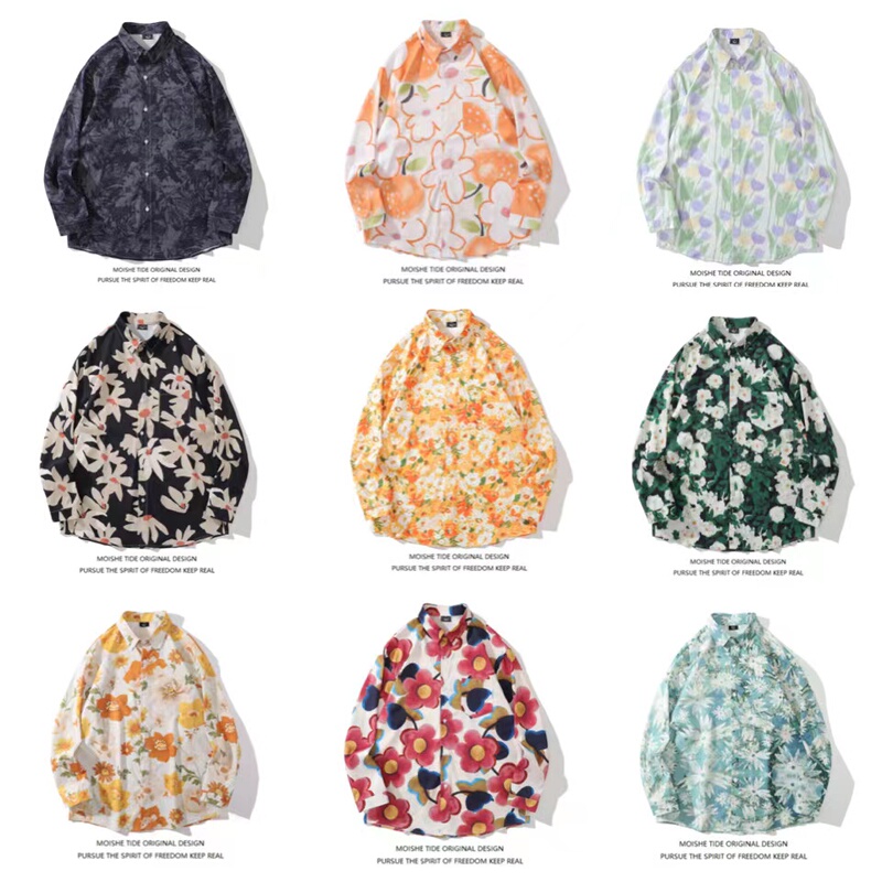 Moishe Tide Japanese Retro Floral All-Over Print Long-Sleeve Floral Shirt for Men and Women, Loose Bf Couple Casual Shirt