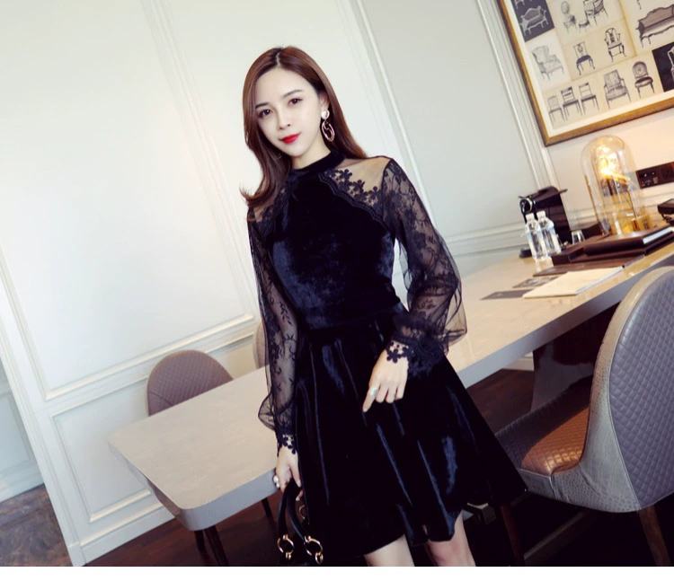 Đầm nữ 2018 thu đông mới ren nữ phiên bản Hàn Quốc của đầm nhung vàng hoang dã Váy đầm xòe rộng