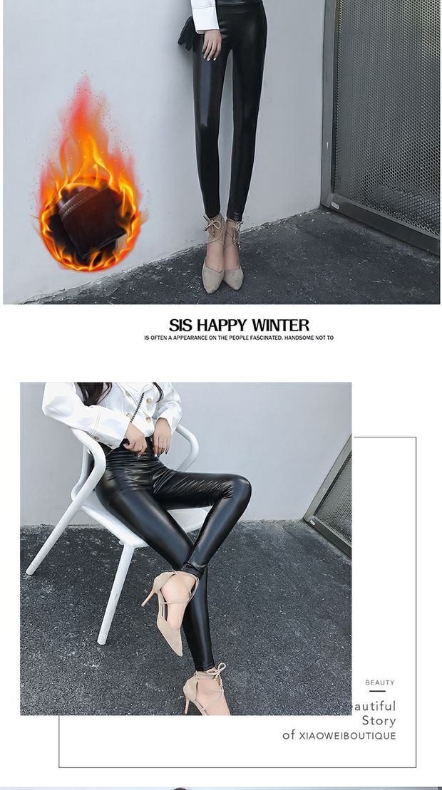 Quần da PU nữ cộng với nhung dày cạp cao đã mỏng 2018 Quần legging mới size rộng mặc Quần ôm chân ấm. quần nữ mặc nhà 