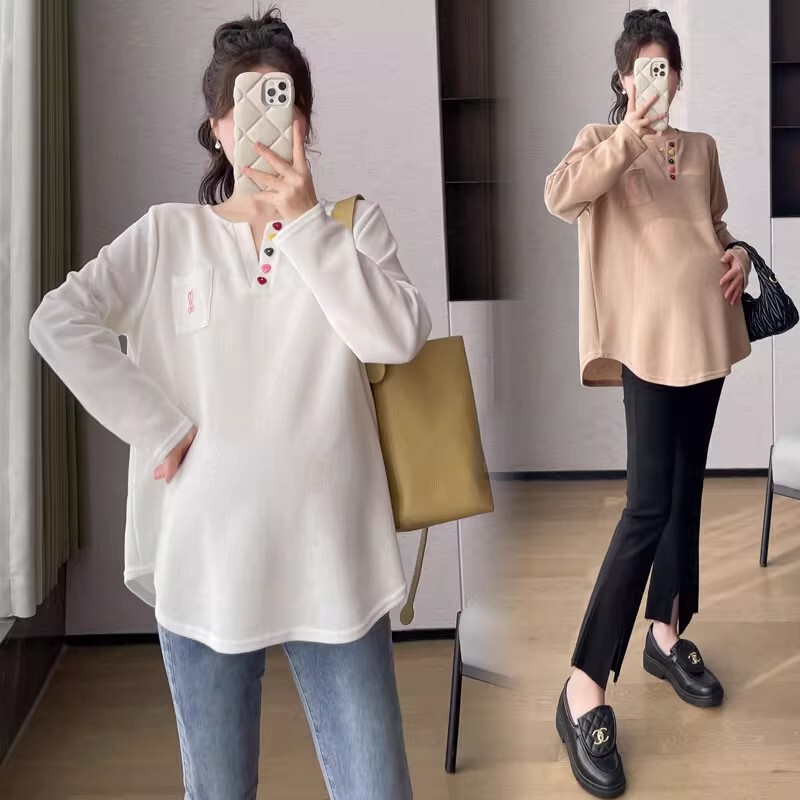 Maternity Wear Autumn and Winter T-Shirt Base Layer Sweatshirt Spring and Autumn New Casual V-Neck Top Fashionable Korean Style Loose Long-Sleeved T-Shirt