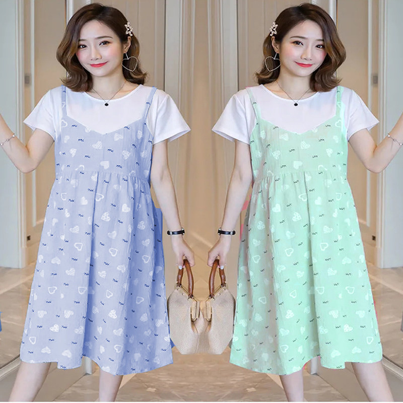 2021 new maternity dress net red summer dress fake two-piece dress stitching short-sleeved mid-length loose sweet skirt