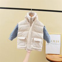 Childrens coat plus velvet boy 2021 Winter new foreign baby girl denim fake two coat padded padded padded