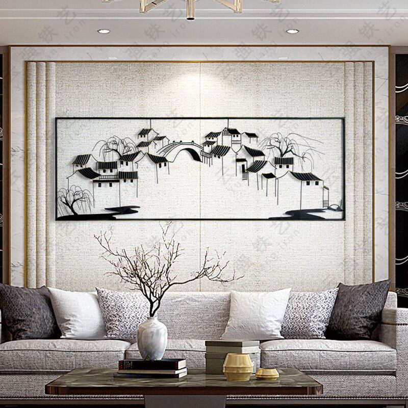 Iron Art Landscape Chinese Style Small Bridge Flowing Water Wall-mounted Painting Villa Courtyard Gallery Tourist Scenic Area Living Room Background Wall Decoration