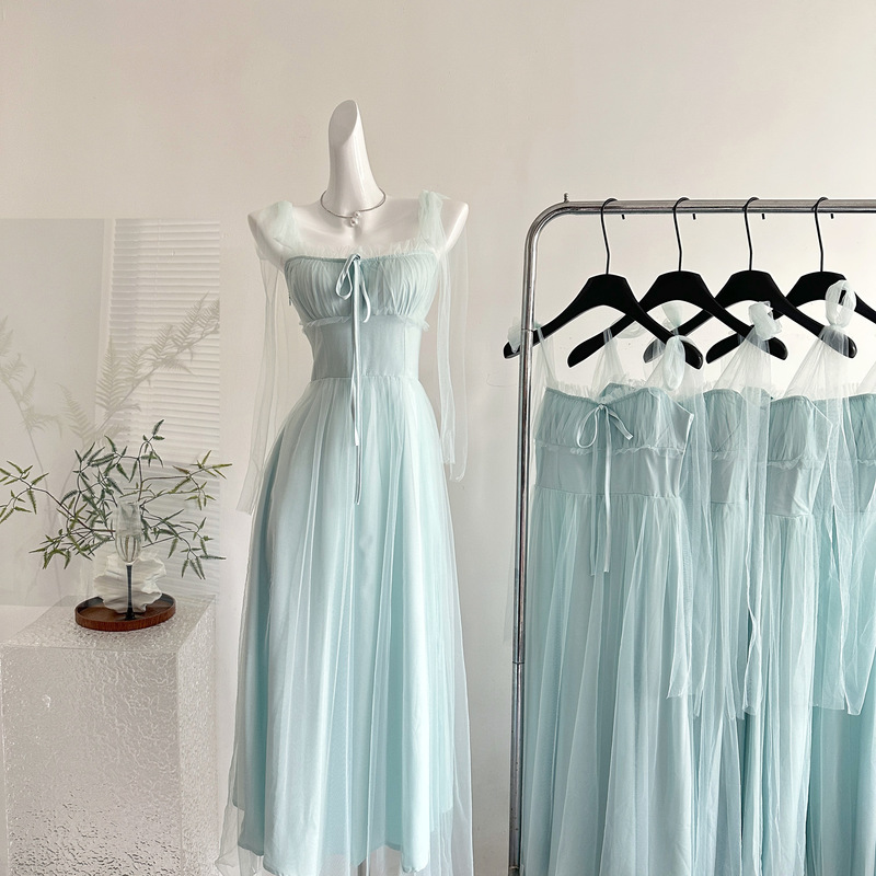 Water Girl Wizard of oz Green Mesh Strap Dress Women's Summer Beach Vacation Atmosphere Elegant Long Dress
