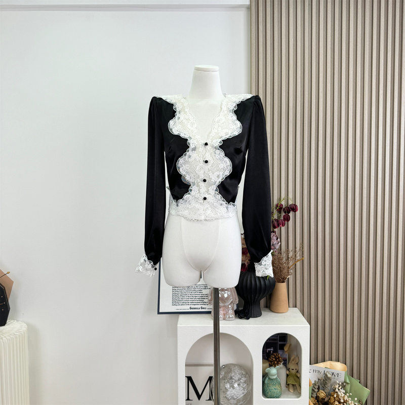 【Winnie Night Song】Exquisite French-Style Lace Satin Patchwork Blouse for Women, Delicate and Slightly Sexy Shirt