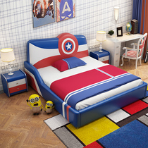 Childrens bed Boy small apartment single bed Cartoon 1 5 meters 1 2 primary school students economical solid wood space-saving leather bed