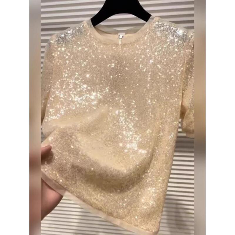 Big Brand Removed from the Cabinet Discount ~ Recommended Small Fragrance Breathable Summer Stylish Elegant Champagne Sequined T-Shirt Top