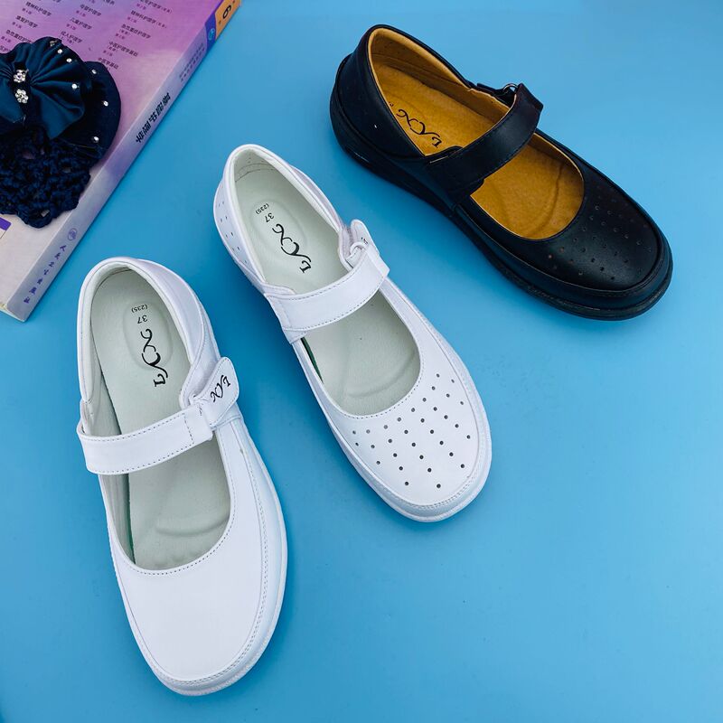 Nyi Air Cushion Nurse Shoes for Women, Soft Sole, Non-Slip, White First-Layer Cowhide, Breathable Work Shoes, Muilai Footwear, Thick Sole