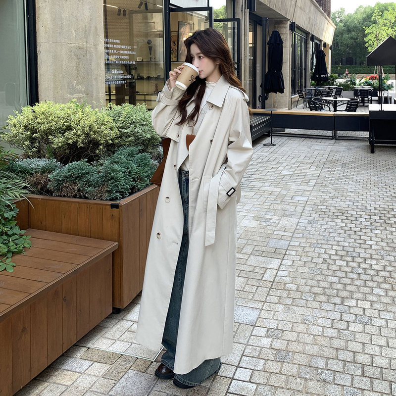 2026 Spring Korean Style Long Trench Coat for Women, White Large Lapel Double-Breasted High-End Tall Coat